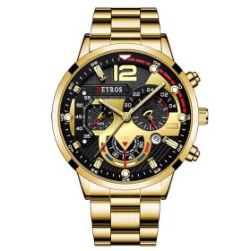 Fashion Mens Sports Watches Luxury Stainless Steel Quartz Wrist Watch Calendar Luminous Clock Men Business Casual —á–∞—Å—ã –º—É–∂—Å–∫–∏–µ (Color: Steel Gold Black, size: 1)
