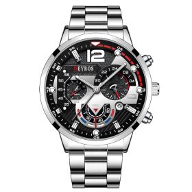 Fashion Mens Sports Watches Luxury Stainless Steel Quartz Wrist Watch Calendar Luminous Clock Men Business Casual —á–∞—Å—ã –º—É–∂—Å–∫–∏–µ (Color: Steel Silver Black, size: 1)