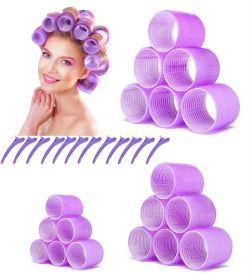Jumbo Hair Rollers; 30 Packs Large Hair Rollers for Long Medium Hair; 3 Size Self Grip Hair Rollers Women Curls at Home (6√óJumbo+6√óLarge+6√óMedium) (Color: Purple)